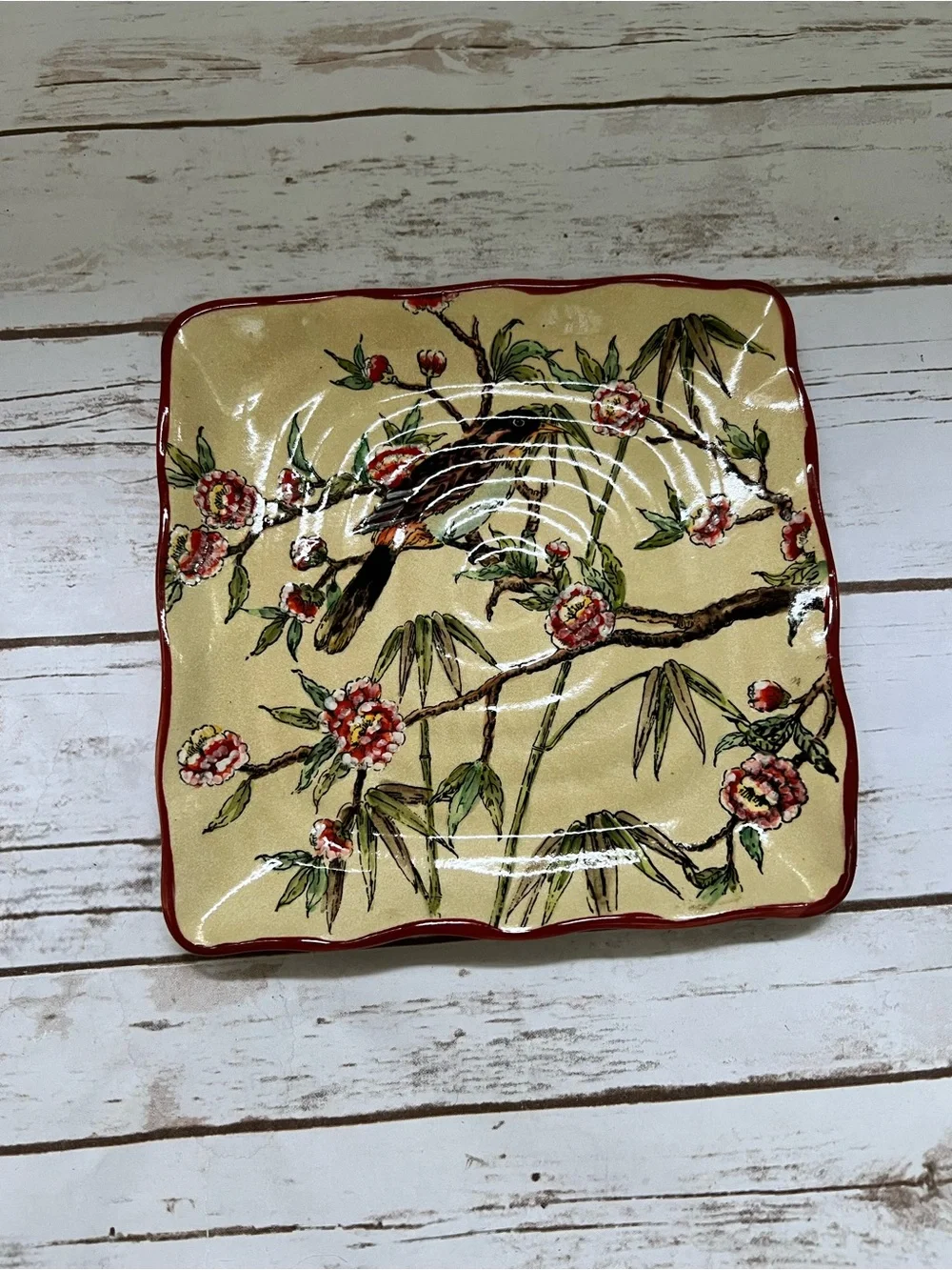 Hand-Painted Bird & Blossom Ceramic Serving Plate - Cream with Red Accent 9”x9”